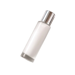 White bottle with silver top tilted diagonally on a solid black background