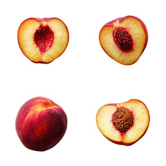 Four peach halves and whole peaches, close-up.  Two whole peaches, one vertically halved and one horizontally halved.  Vibrant colours.  Fresh, ripe fruit