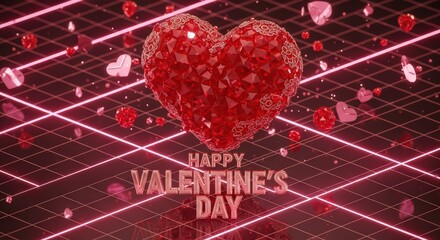 Happy Valentines Day - Sparkling Red Heart on a Dynamic Grid Background