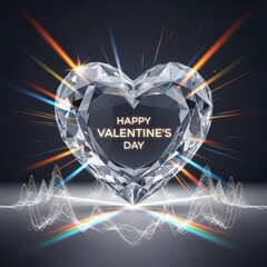 Happy Valentines Day Diamond Heart with Light Rays and Sound Waves