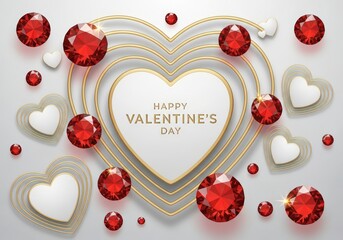 Happy Valentines Day elegant greeting card with golden hearts and sparkling red gemstones on a white background