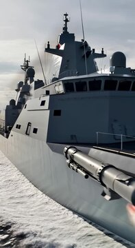 Large modern warship engaging in tactical battle by firing torpedoes and missiles from its naval vessel, military operation footage