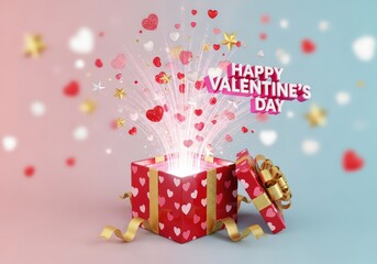 Happy Valentines Day gift box with hearts and confetti exploding