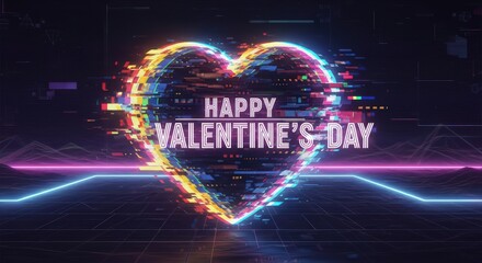 Happy Valentines Day Glitch Art Neon Heart on Dark Background