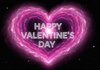 Happy Valentines Day glowing pink heart nebula in space