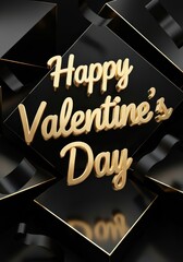 Happy Valentines Day golden text on elegant black background with reflective surfaces and ribbons