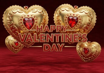 Happy Valentines Day Golden Hearts Red Gemstones Festive Background