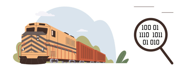 Fototapeta premium Data analysis, logistics management, freight transportation, supply chain analytics, railway technology, and digitalization. A freight train and magnifier showing binary digits. Data analysis