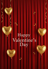 Happy Valentines Day greeting card with golden heart balloons and red curtain background