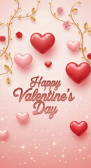 Happy Valentines Day greeting card with red and pink hearts and decorative vines on a gradient background