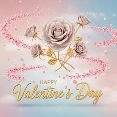 Happy Valentines Day greeting with elegant roses and sparkling pink petals