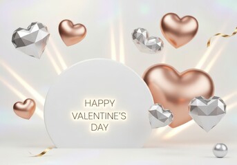 Happy Valentines Day greeting with metallic and geometric hearts on a light background with glowing lines
