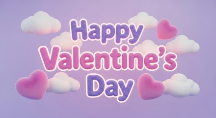 Happy Valentines Day Greeting with Pink Hearts and Fluffy Clouds