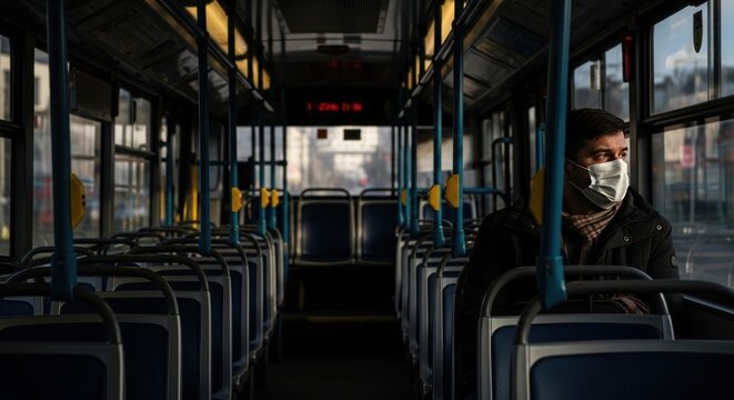 Man sitting alone in a nearly empty bus during morning hours in a city