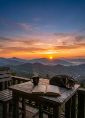 Generated AI Cozy Morning Sunrise with Sleeping Cat, Steaming Coffee, and Open Book on Wooden Balcony Overlooking Misty Mountains