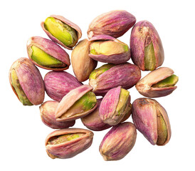 Close-up of shelled pistachios.  Pink-hued shells surround light green nuts.  Top-down view