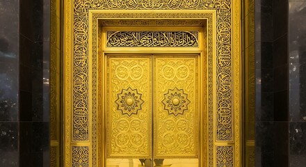 Opulent Golden Entrance Doors with Intricate Islamic Geometric Patterns and Ornate Carvings