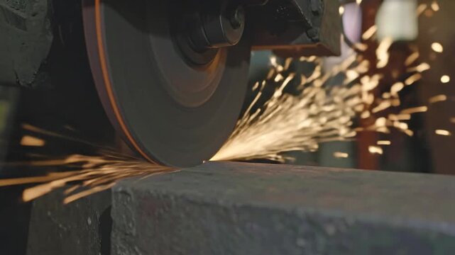 Close-up of grinding a metal bar, with sparks flying from the spinning abrasive wheel