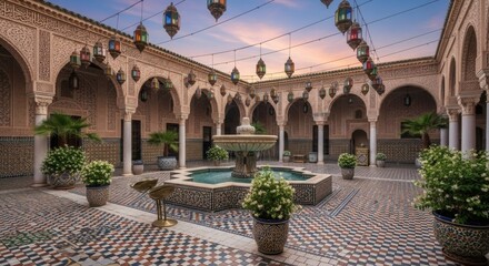 Fototapeta premium Serene Courtyard with Fountain and Archways.