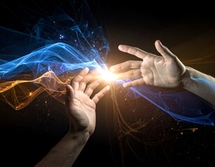 Hands reaching towards energy waves, bright light emanating