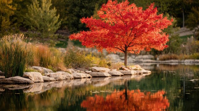 Bright red Japanese Maple tree on a rocky shore of a lake during autumn with reflections in the water