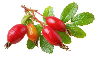 Close-up of a branch with several bright red rose hips and green leaves