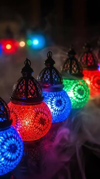 Row of colorful traditional oriental lanterns with intricate patterns glowing in the dark with smoke effects, vibrant red blue and green decorative lamps for festive atmosphere