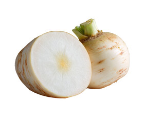 Two whole and sliced daikon radishes, creamy white flesh, visible  tan-colored  veins