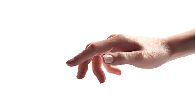 Close-up of a gentle human hand reaching out with fingers delicately extended against a pure white background, showcasing natural skin tone and subtle nail detail