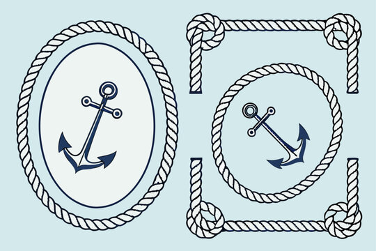 Nautical anchor and rope frame vector set: vintage maritime illustration with decorative border elements and corners