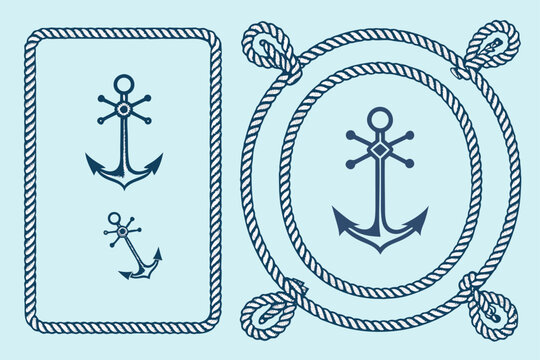 Maritime vector illustration set featuring anchors and rope borders in rectangular and circular frames. perfect for nautical designs and sea-themed projects.