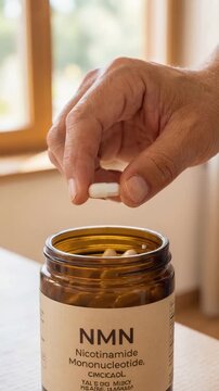 NMN supplement capsule, emphasizing usage in health and longevity. Nicotinamide Mononucleotide 500mg, displayed in an amber jar, for wellness and energy purposes. Video made using Generative AI.