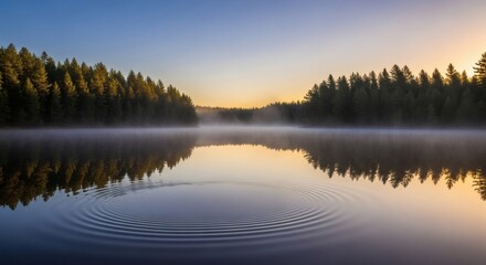 Obraz premium Serene Lake Landscape at Dawn with Trees.