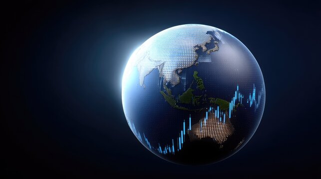 Digital representation of the Earth with financial data visualization, showcasing global markets, economic growth, and technological advancement in a modern context