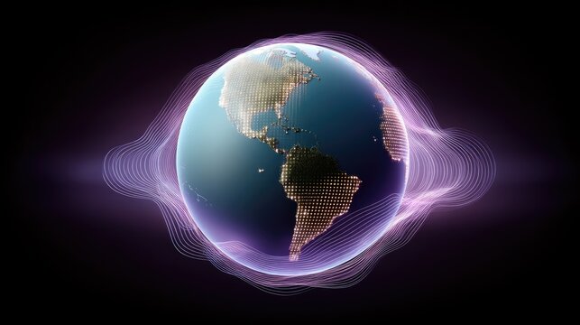 Vibrant 3D Render of Earth with Glowing Dots and Colorful Waves in a Dark Background, Representing Global Connectivity and Technology