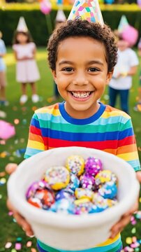 Excited young African American boy in a rainbow shirt holding a bowl of colorful confetti eggs at an outdoor birthday party celebration with friends