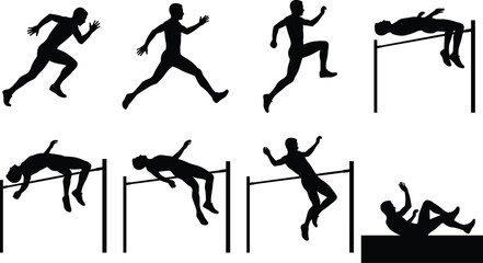 High jump sequence, athlete silhouette, motion study, jumping phases, sports biomechanics, vector illustration, dynamic pose, black silhouette, track and field
