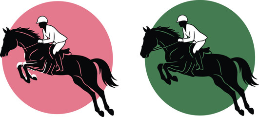 WebHorse jumping silhouette, rider vector, equestrian action, pink background, green background, dynamic pose, riding gear, helmet rider, leaping horse, vector illustration