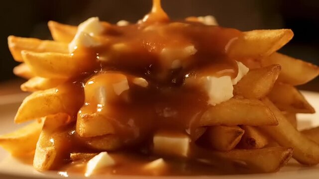 Savory Canadian poutine hot golden fries, squeaky curds, and luscious gravy
