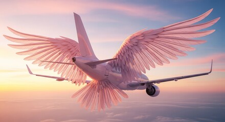 Winged airplane soaring through serene sunset sky with clouds and blue horizon