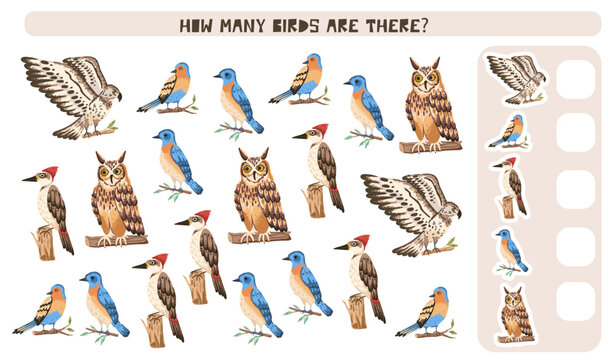 Education counting game with birds. Kids task activity