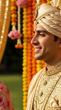 Portrait of a handsome young Indian groom in traditional wedding attire with hands in prayer position and eyes closed during a Hindu ceremony