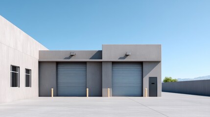 Modern Industrial Warehouse Exterior with Two Roll-Up Doors and Clear Blue Sky Background in a Minimalistic Urban Setting
