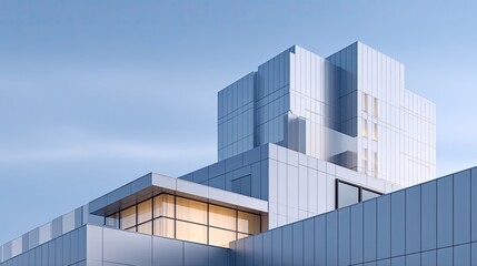 Fototapeta premium Modern Architecture with Geometric Shapes and Clean Lines Against a Soft Blue Sky Highlighting Innovative Design and Contemporary Building Features
