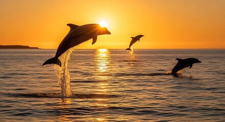 Dolphins Leaping at Sunset - A Moment of Marine Beauty.