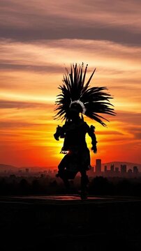 Silhouette of an Indigenous Aztec Dancer with Feathered Headdress Performing a Ritual Dance at Sunset Overlooking a City Skyline