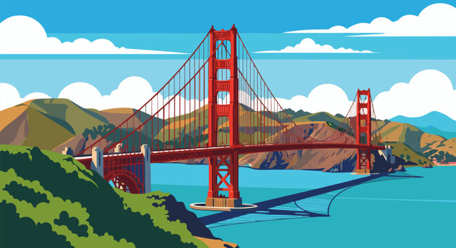 Golden Gate Bridge vector illustration in San Francisco with bay and hills