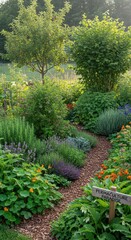 Lush edible garden pathway winds through abundant green foliage under bright sunlight