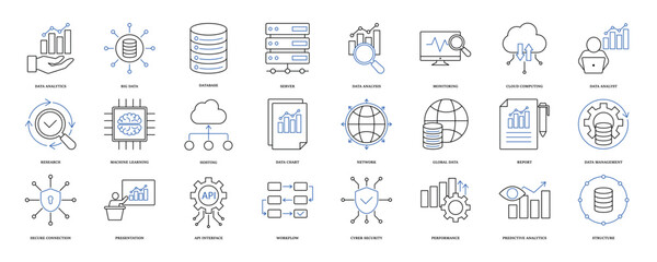 Data analytics icon set. Big data analysis technology symbol. Containing database, statistics, analytics, server, performance, monitoring, computing and network icons. Solid icons vector collection. e