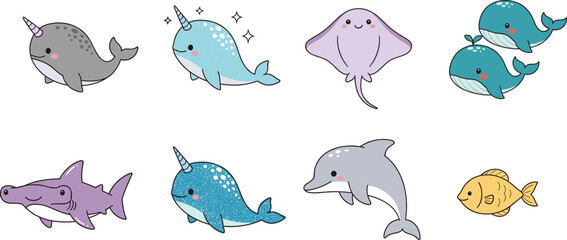 Cute sea animals cartoon vector set. Kawaii narwhal, dolphin, whale, stingray and fish characters. Playful marine life illustration isolated on white background. © HazelQueen